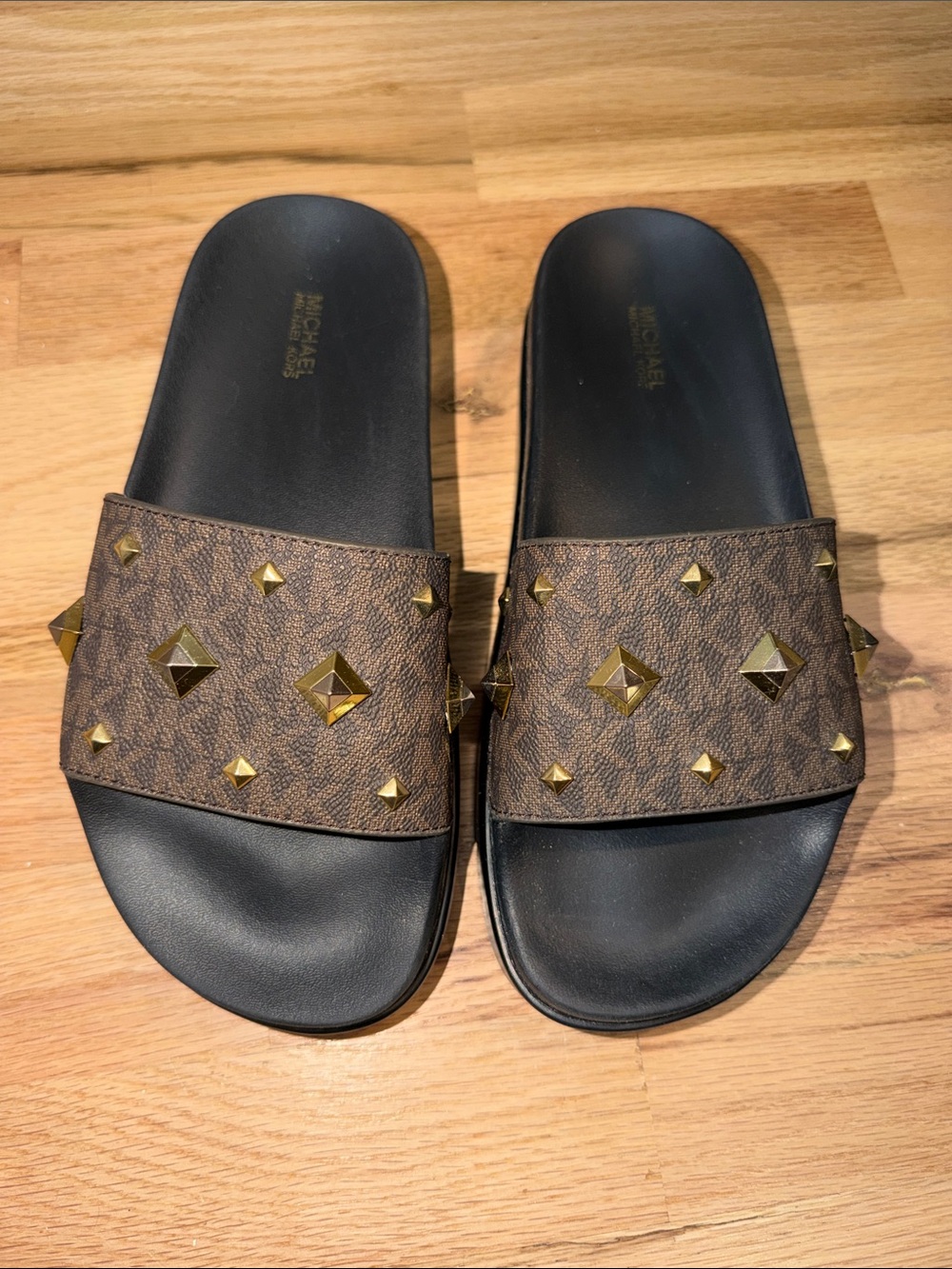 Michael Kors Brown & Black Studded Logo Slide Sandals